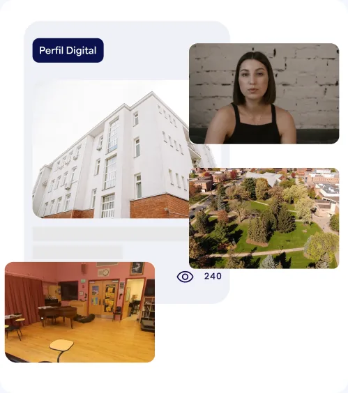 Digital school profile collage with photos and views counter